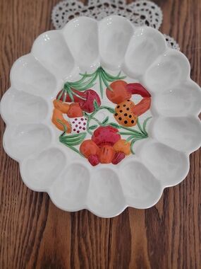 White Ceramic Egg Plate with Hand-Painted Mushroom Motif